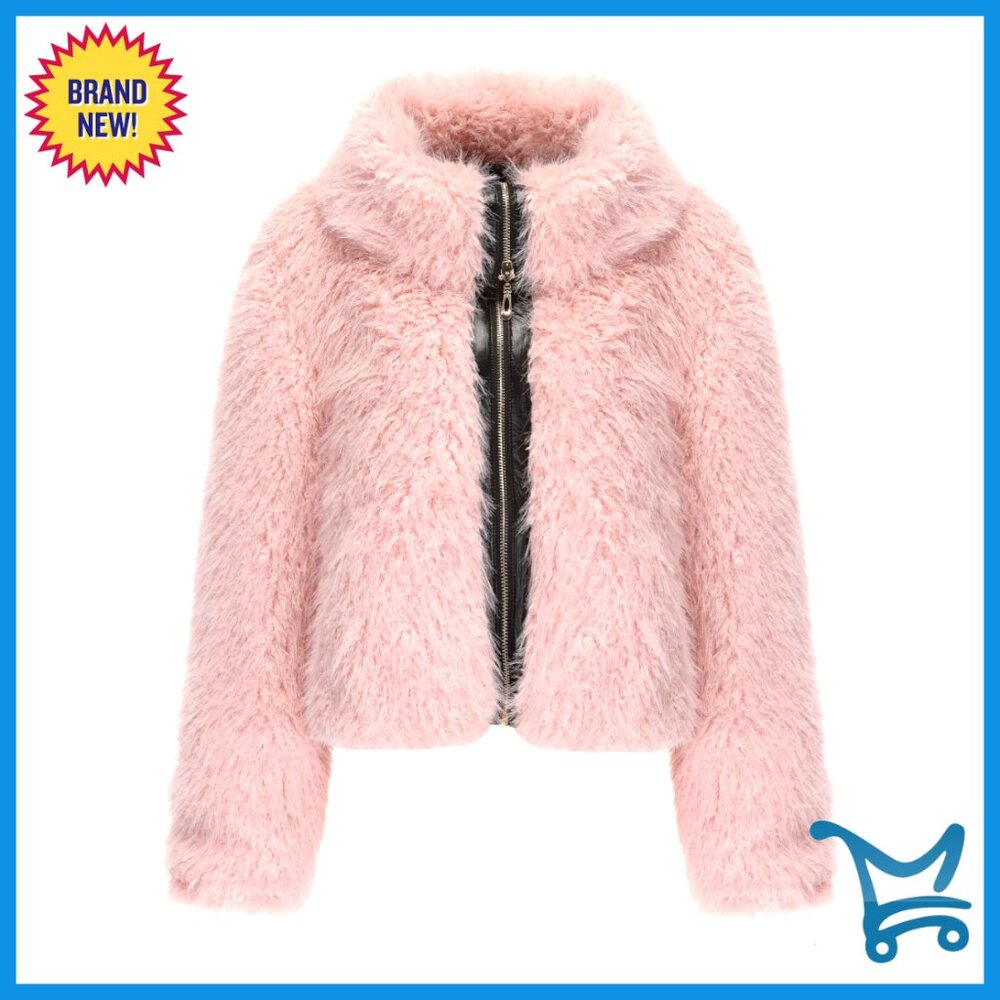 Short Faux Fur Jacket With Lapel Collar, Zip Up Cardigan Style Coat With Pockets